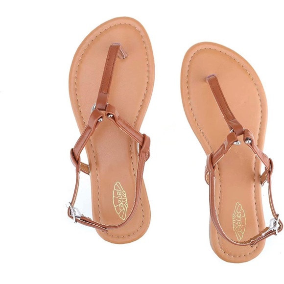 Cazuer Ring T-Strap Open Toe Bohemian Adjustable Ankle Buckle Thong Flip Flops - Picture 3 of 5